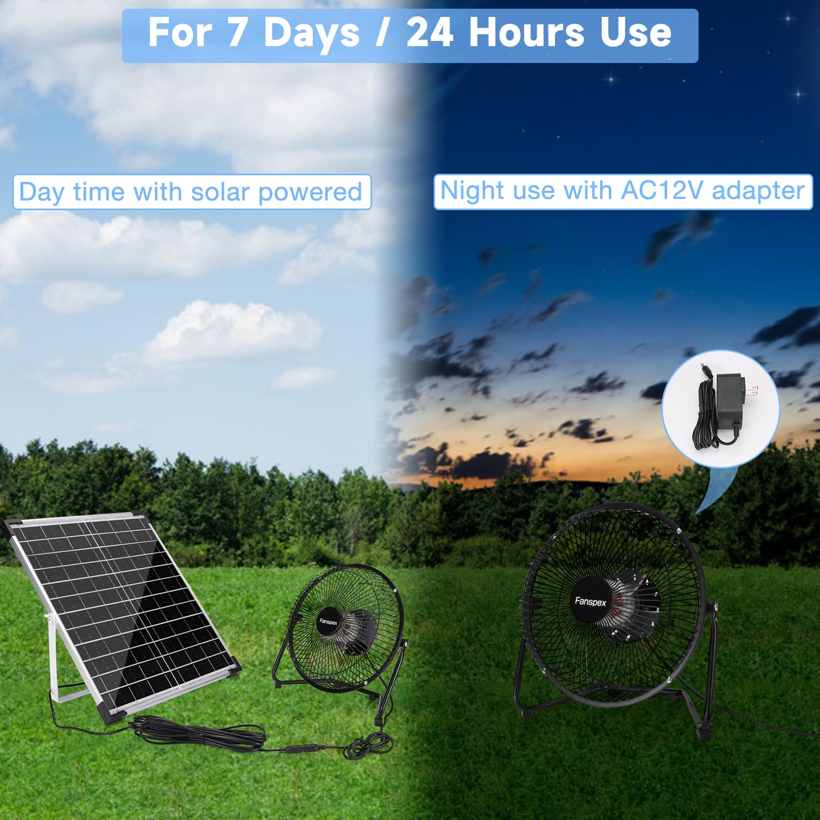 Fanspex 8" Solar Fan, 20W Solar Panel Powered Fan Kit for Outdoor Cooling 7/24 Use, High Velocity Portable Floor Fan for Outside Chicken Coop, Small Greenhouse, Dog House, 2-Speeds, 40dB Low Noise