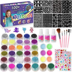 temporary glitter tattoos kids,32 glitter colors and 6 fluorescent colors,209 stencils,2 diamond stickers,3 glue,5 brushes,adults and kids arts glitter kit,wonderful holiday gifts for girls & boys.