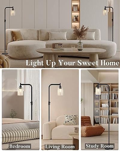 bulbeats 63IN Dimmable (Brightness Adjustable) Industrial Floor Lamp, Black Modern Standing Lamps with Clear Glass Lampshade, E26 LED Bulb Included, Farmhouse Floor Lamp for Living Room Bedroom