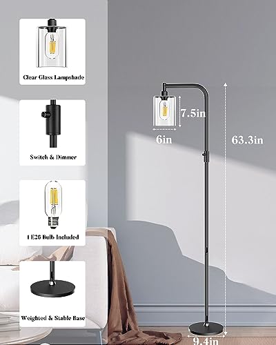 bulbeats 63IN Dimmable (Brightness Adjustable) Industrial Floor Lamp, Black Modern Standing Lamps with Clear Glass Lampshade, E26 LED Bulb Included, Farmhouse Floor Lamp for Living Room Bedroom