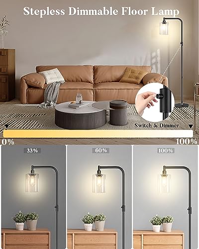 bulbeats 63IN Dimmable (Brightness Adjustable) Industrial Floor Lamp, Black Modern Standing Lamps with Clear Glass Lampshade, E26 LED Bulb Included, Farmhouse Floor Lamp for Living Room Bedroom