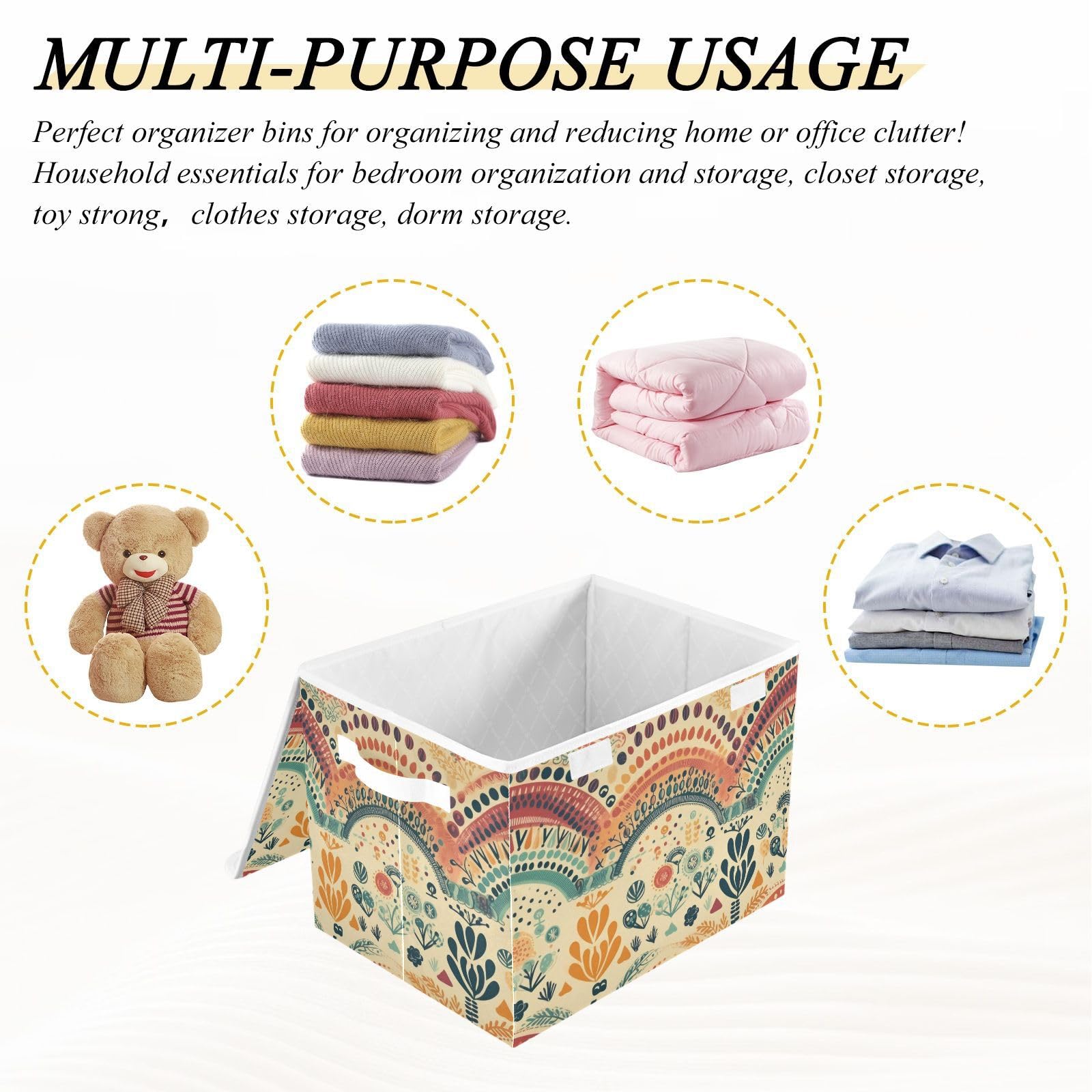 Vnurnrn Storage Bin with Lid Collapsible Vintage Rainbow Flower Print, Large Capacity Foldable Storage Basket Cube for Clothes Toys 16.5×12.6×11.8 IN