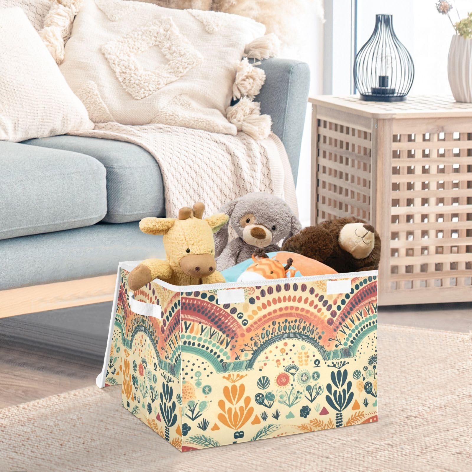 Vnurnrn Storage Bin with Lid Collapsible Vintage Rainbow Flower Print, Large Capacity Foldable Storage Basket Cube for Clothes Toys 16.5×12.6×11.8 IN