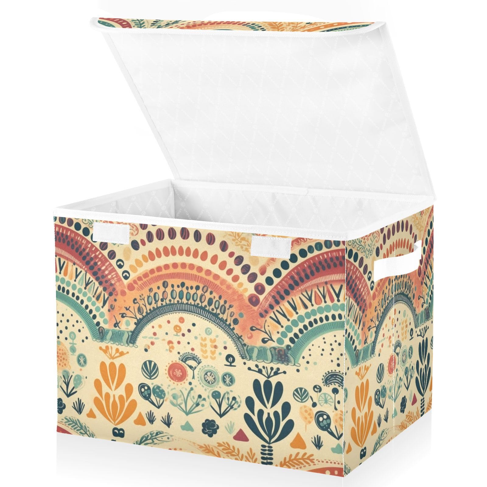 Vnurnrn Storage Bin with Lid Collapsible Vintage Rainbow Flower Print, Large Capacity Foldable Storage Basket Cube for Clothes Toys 16.5×12.6×11.8 IN