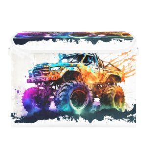 Vnurnrn Storage Bin with Lid Collapsible Rainbow Monster Truck Print, Large Capacity Foldable Storage Basket Cube for Clothes Toys 16.5×12.6×11.8 IN