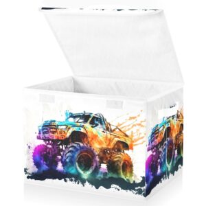 Vnurnrn Storage Bin with Lid Collapsible Rainbow Monster Truck Print, Large Capacity Foldable Storage Basket Cube for Clothes Toys 16.5×12.6×11.8 IN