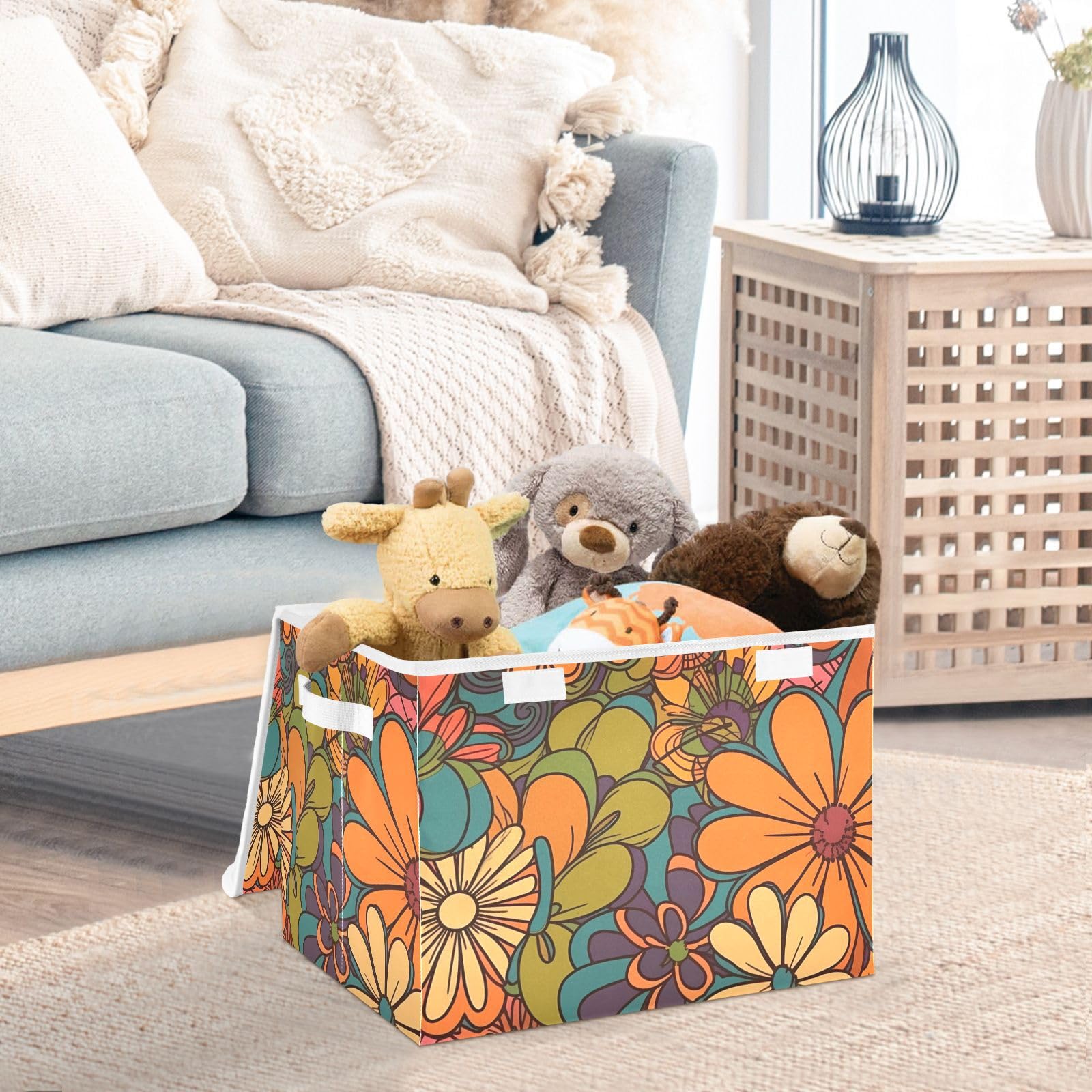 Vnurnrn Storage Bin with Lid Collapsible Hippie Florals Print, Large Capacity Foldable Storage Basket Cube for Clothes Toys 16.5×12.6×11.8 IN