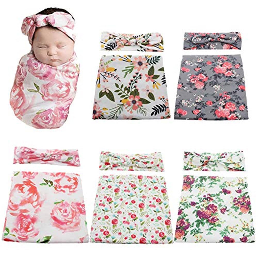 FasterS Infant Floral Swaddle Wrap with Headbands Hats Value Set Newborn Receiving Blanket Photography Props 35X35inch (Gray-2)