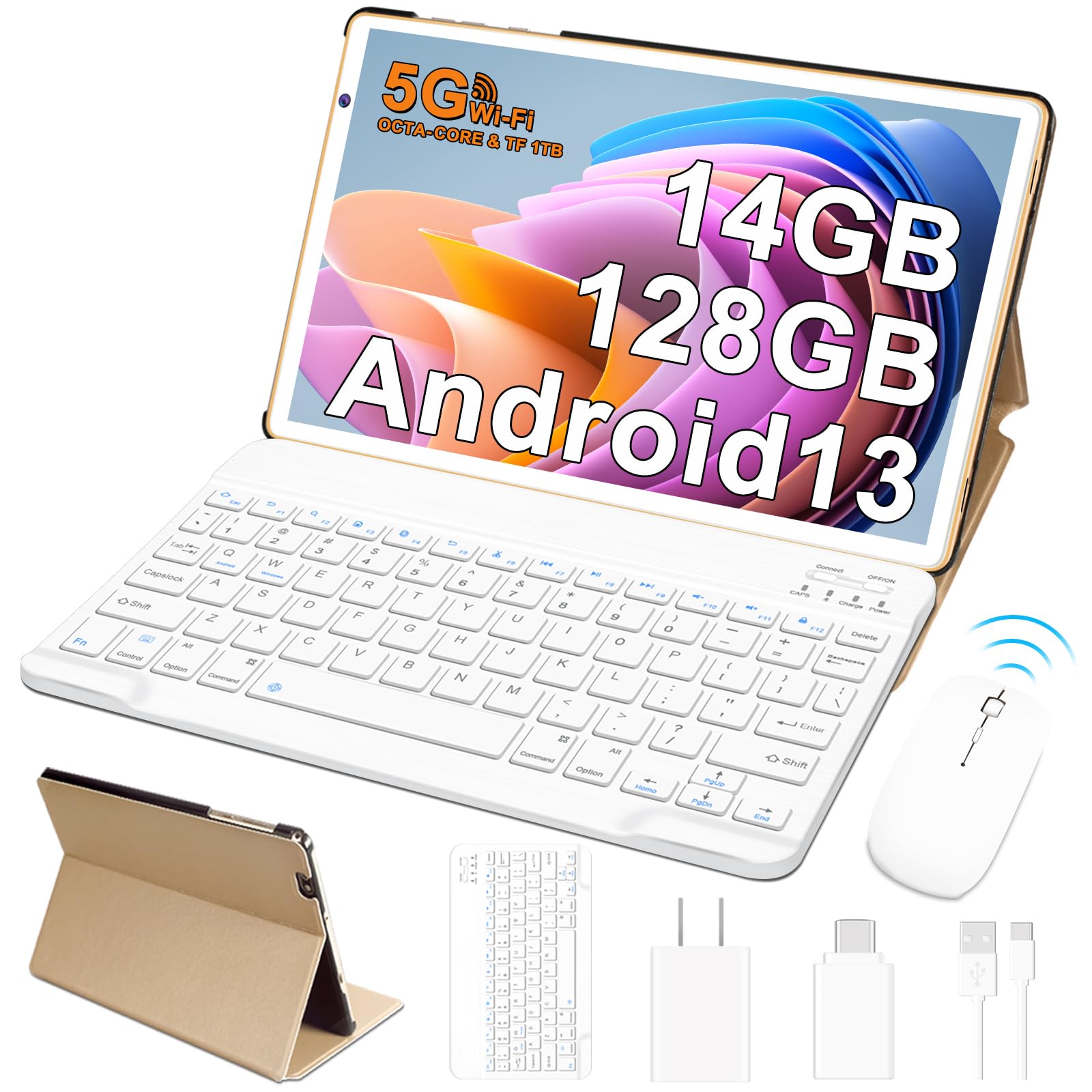 Tablet 10 inch Android 13 Tablets with 14GB RAM 128GB ROM, Octa-Core 2.0 GHz, 8000mAh Battery, 5G WiFi, Bluetooth 5.0, HD IPS Touchscreen, 5+8MP Camera Tablet with Keyboard Mouse Case, Gifts Gold