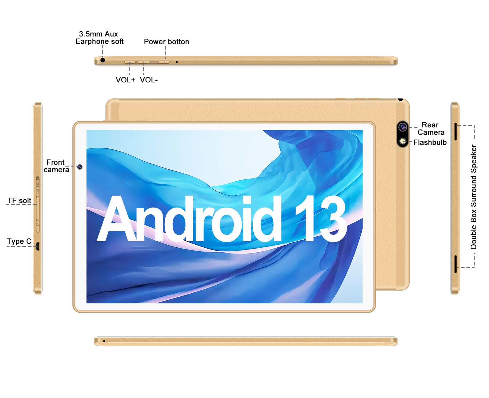 Tablet 10 inch Android 13 Tablets with 14GB RAM 128GB ROM, Octa-Core 2.0 GHz, 8000mAh Battery, 5G WiFi, Bluetooth 5.0, HD IPS Touchscreen, 5+8MP Camera Tablet with Keyboard Mouse Case, Gifts Gold