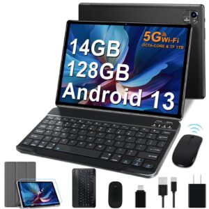 tablet 10.1 inch android 13 tablet octa-core 2.0 ghz, 14gb ram 128gb rom tf 1tb, 5+8mp camera, 8000mah battery, 5g wifi, bluetooth 5.0, hd ips screen tablet with keyboard mouse - black birthday gifts