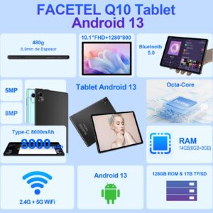 Tablet 10.1 inch Android 13 Tablet Octa-Core 2.0 GHz, 14GB RAM 128GB ROM TF 1TB, 5+8MP Camera, 8000mAh Battery, 5G WiFi, Bluetooth 5.0, HD IPS Screen Tablet with Keyboard Mouse - Black Birthday Gifts