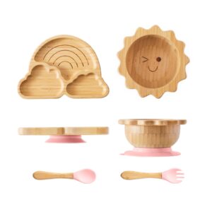 bamboo suction plates bowls set for baby toddler divided platter food bowl with silicone fork & spoon all-natural baby feeding set for baby-led weaning, non-slip design