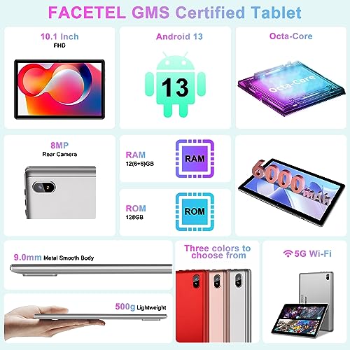 FACETEL Tablet 10 inch Android 13 Tablet Octa-Core 2.0 GHz with 12GB RAM 128GB ROM, 5G WiFi, 6000mAh, HD IPS Touchscreen, Bluetooth 5.0, 1280 * 800, 5+8 MP Newest Tablet with Keyboard Mouse - Silver