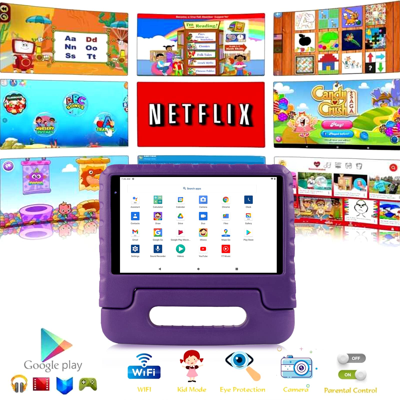 FACETEL Kids Tablet 8 inch Android 13 Tablet for Kids 7GB RAM 64GB ROM TF 512GB Parental Control, Puzzle Game, Bluetooth, Education, Dual Camera, Toddler Tablet with 3600mAh Netflix YouTube, Purple