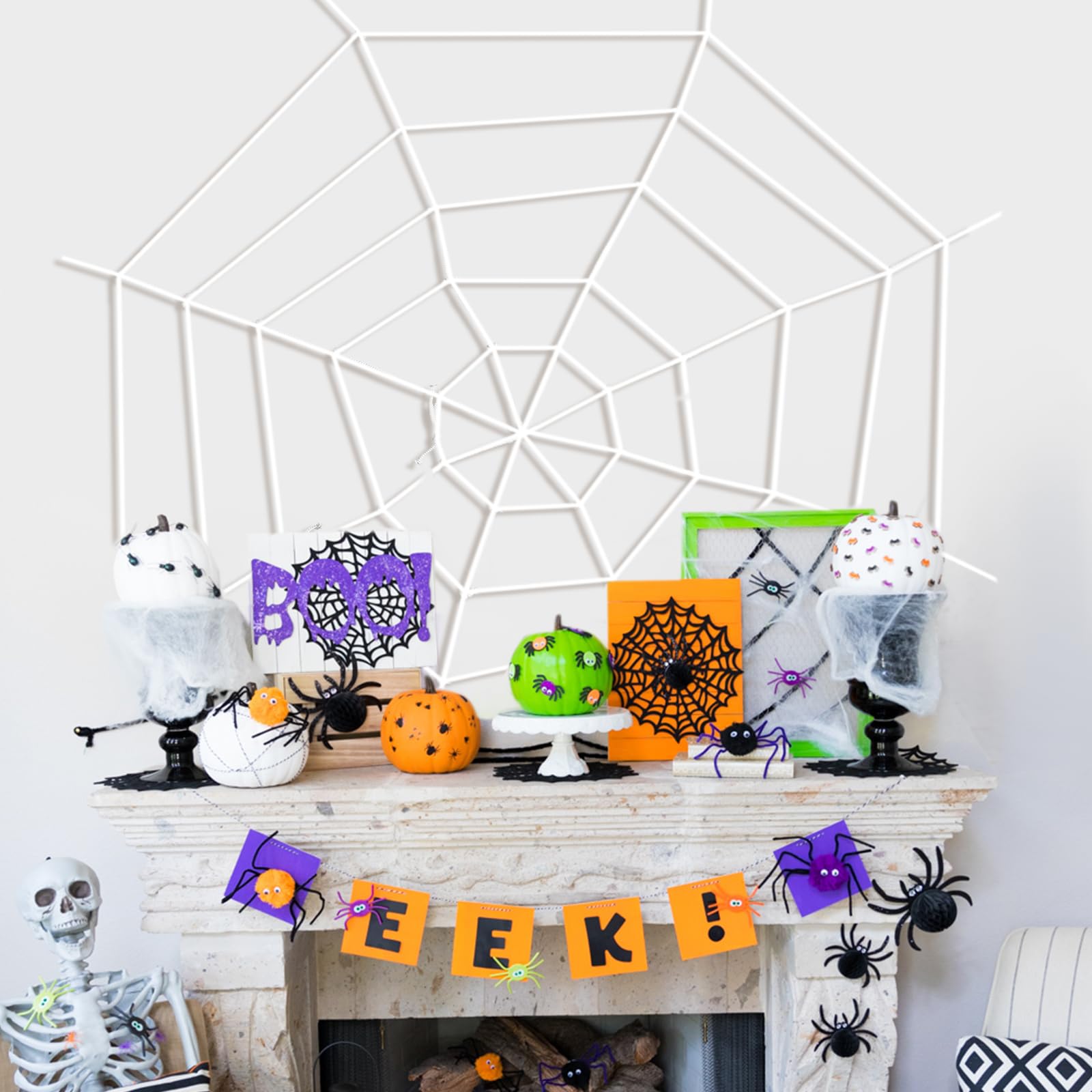 3 FT Halloween Giant String Rope Spider Web Decorations - Round Fake Spider Elastic Belt Props for Window Indoor Outdoor Yard Porch Haunted House Decor