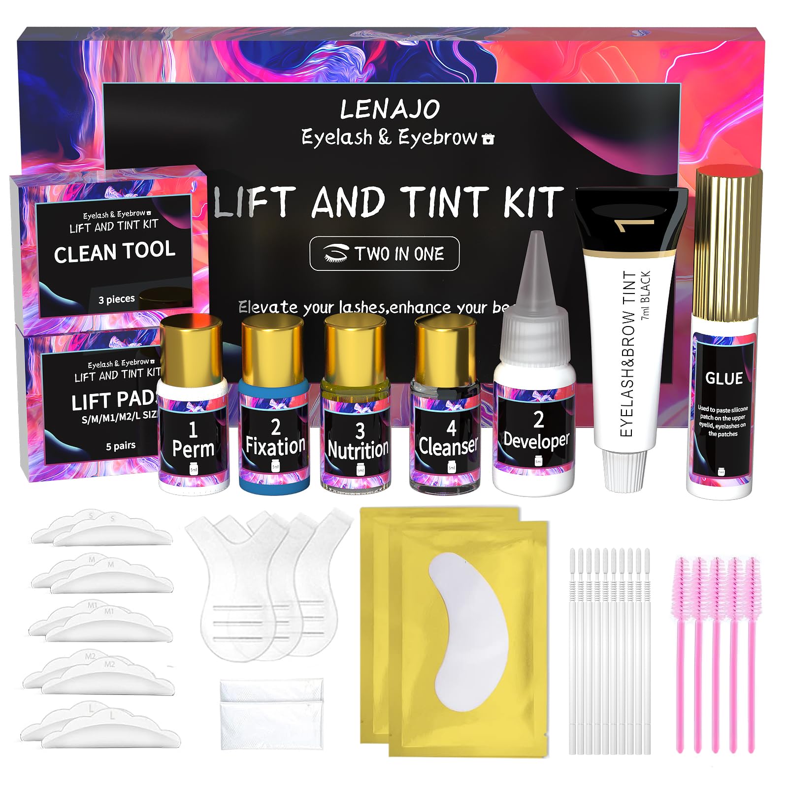 LENAJO Lash Lift kit and Black kit, Eyelash and Eyebrow Perm kit, Brow Lamination Kit, Mascara, Professional Semi-Permanent Curling Eyelash Perm Kit, Instant Lifting & Black Coloring, Salon & Home Use