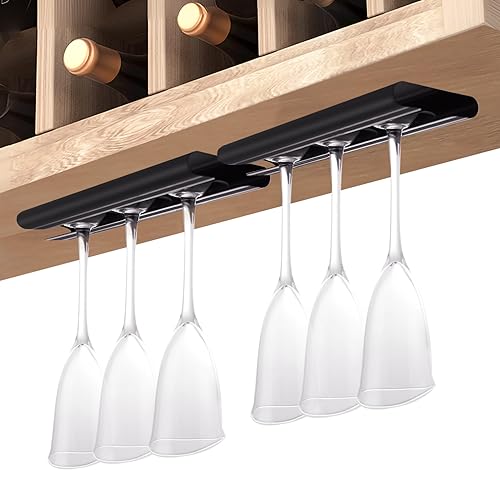 AQJUNONG Wine Glass Holder Under Cabinet，Aluminum Wine Glass Rack 2 Pack, Under Cabinet Wine Glass Holder, Under Shelf Mounted Stemware Rack for Bar Kitchen, Hanging Stemware Rack.（Black）