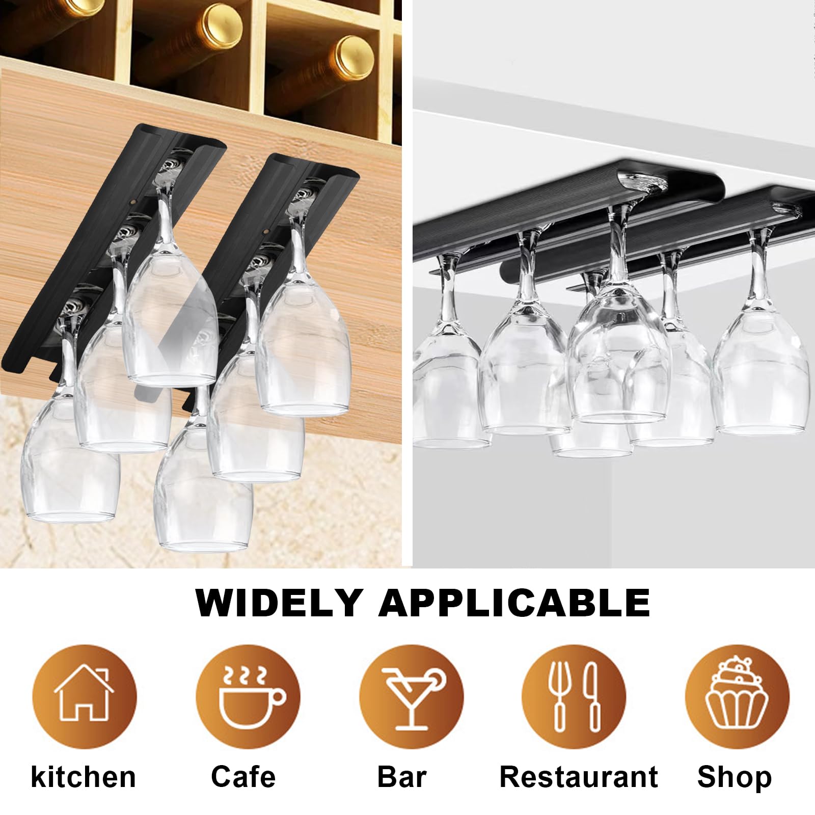 Vaisoeny Wine Glass Rack，2 Pack Aluminum Wine Glass holder, Under Cabinet Wine Glass Holder, Wine Glass Holder Under Shelf for Kitchen and Bar, Black