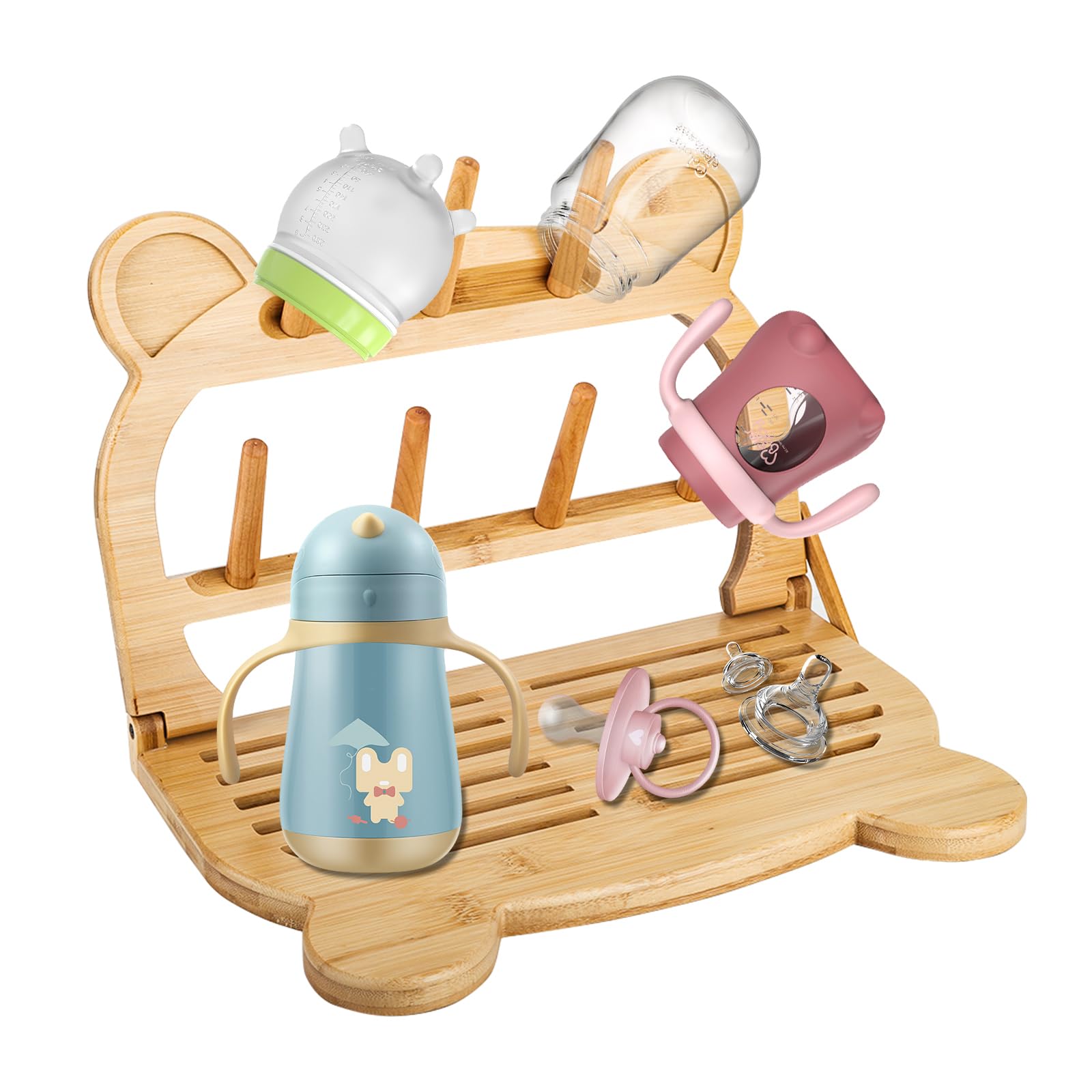 Eurppy Bamboo Baby Bottle Drying Rack, Portable Wooden Drying Rack, Space Saving Kitchen Bottle Holder Organizer for Accessories, Bottles, Cups, Pacifiers, Travel Dish Racks