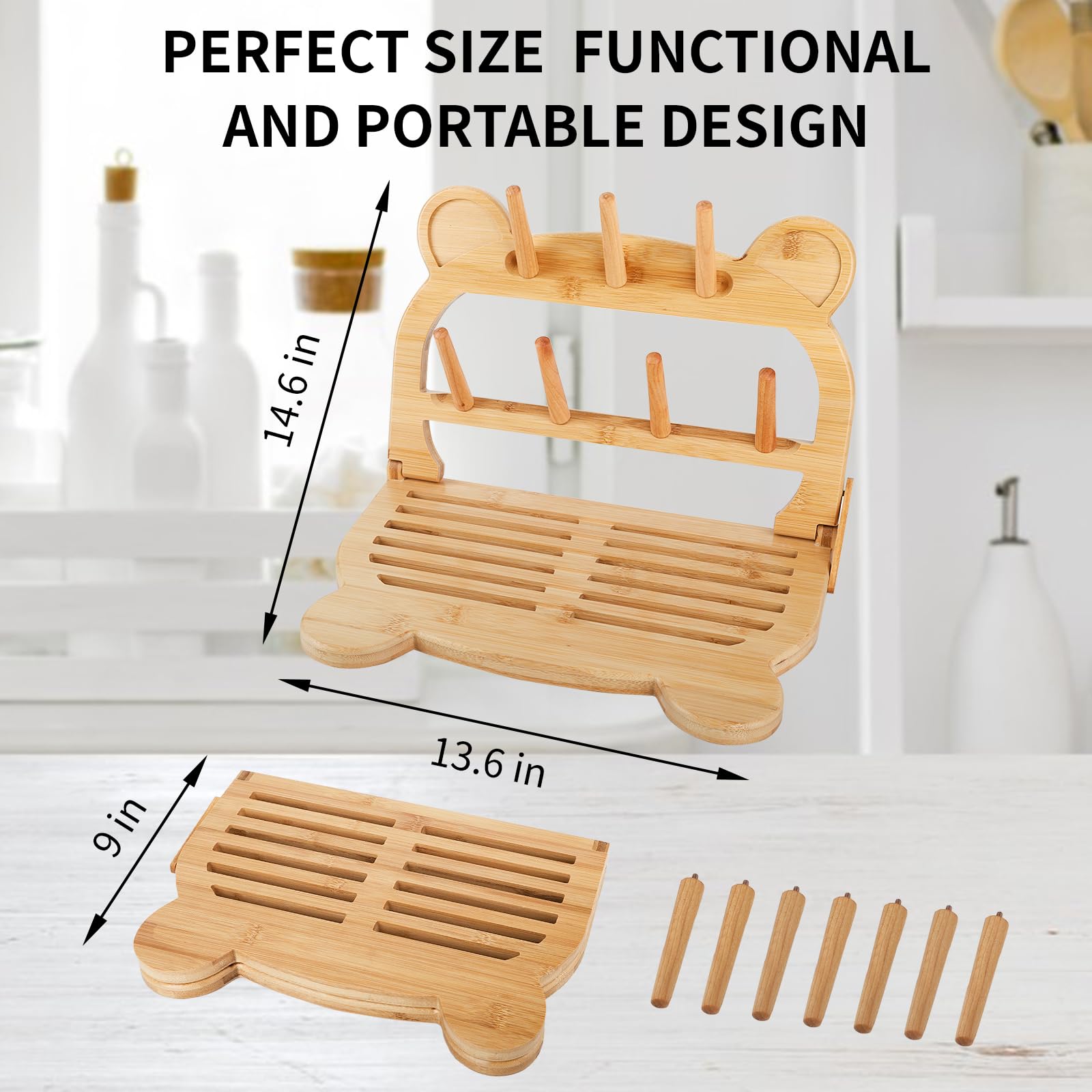 Eurppy Bamboo Baby Bottle Drying Rack, Portable Wooden Drying Rack, Space Saving Kitchen Bottle Holder Organizer for Accessories, Bottles, Cups, Pacifiers, Travel Dish Racks