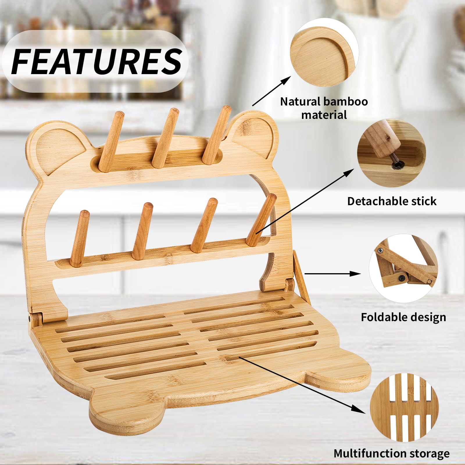 Eurppy Bamboo Baby Bottle Drying Rack, Portable Wooden Drying Rack, Space Saving Kitchen Bottle Holder Organizer for Accessories, Bottles, Cups, Pacifiers, Travel Dish Racks