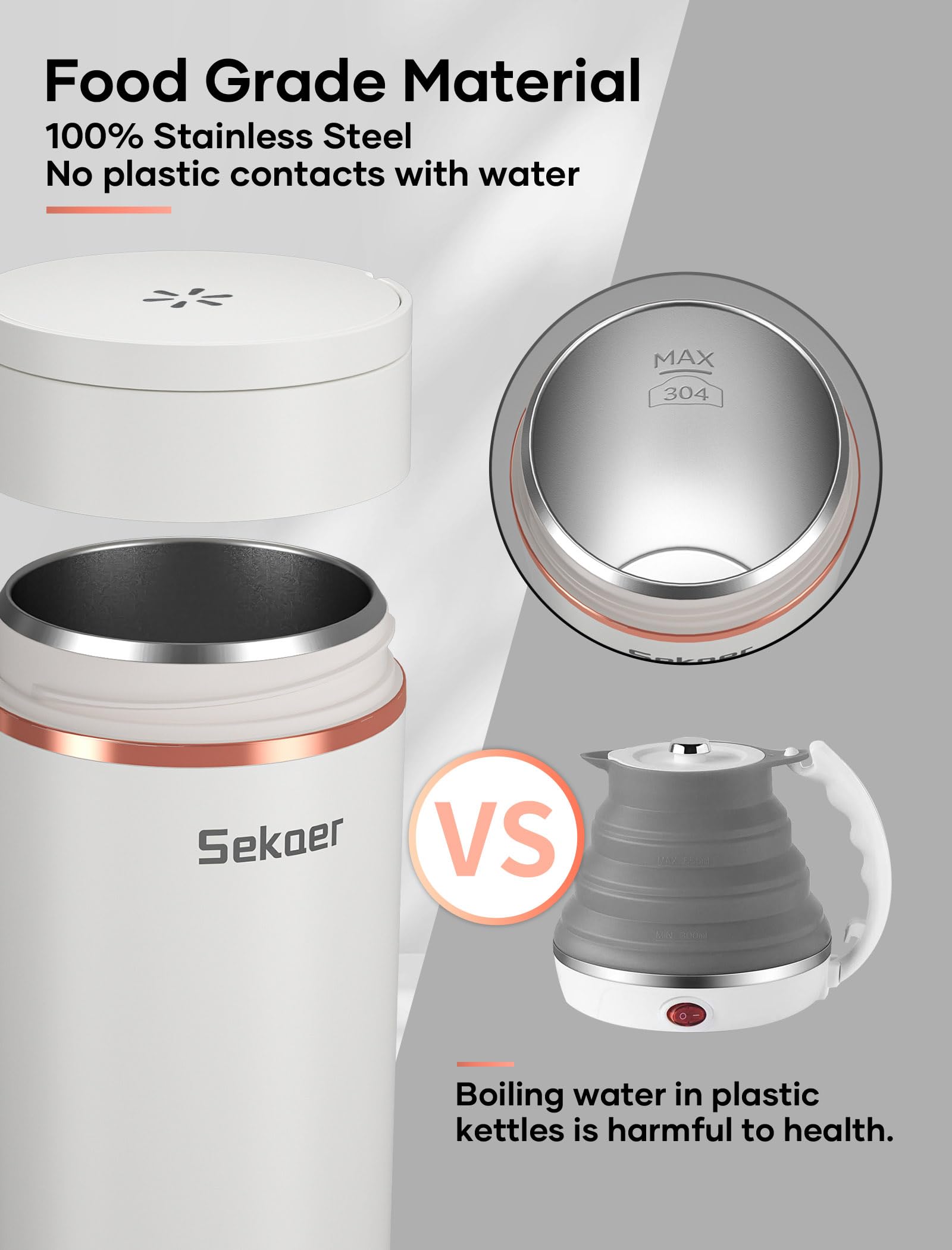 Sekaer Travel Portable Electric Kettle, Small Tea Kettle Coffee Mini Hot Water Boiler, 400mL & 304 Stainless Steel, with 4 Variable Presets and Auto Shut-Off SKE-840W