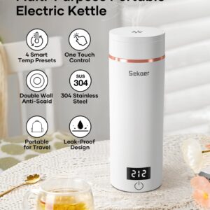 Sekaer Travel Portable Electric Kettle, Small Tea Kettle Coffee Mini Hot Water Boiler, 400mL & 304 Stainless Steel, with 4 Variable Presets and Auto Shut-Off SKE-840W