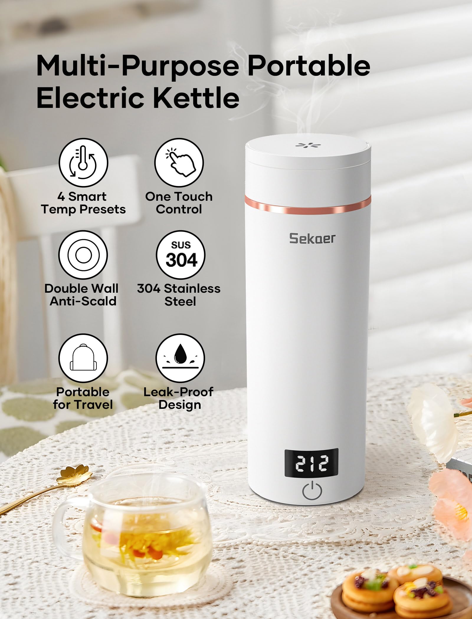 Sekaer Travel Portable Electric Kettle, Small Tea Kettle Coffee Mini Hot Water Boiler, 400mL & 304 Stainless Steel, with 4 Variable Presets and Auto Shut-Off SKE-840W