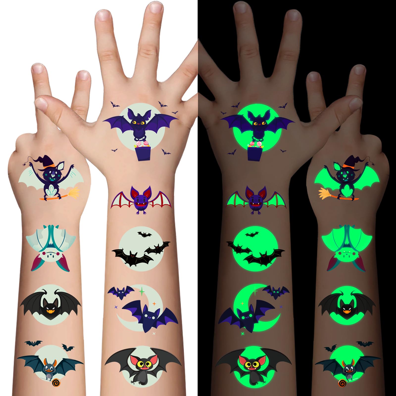 Awinmay Halloween Luminous Bat Temporary Tattoos for Kids - 10 Sheets Glow In The Dark Halloween Bat Theme Tattoos for Boys and Girls, Halloween Cosplay Face Makeup Accessories Holiday Party Gifts