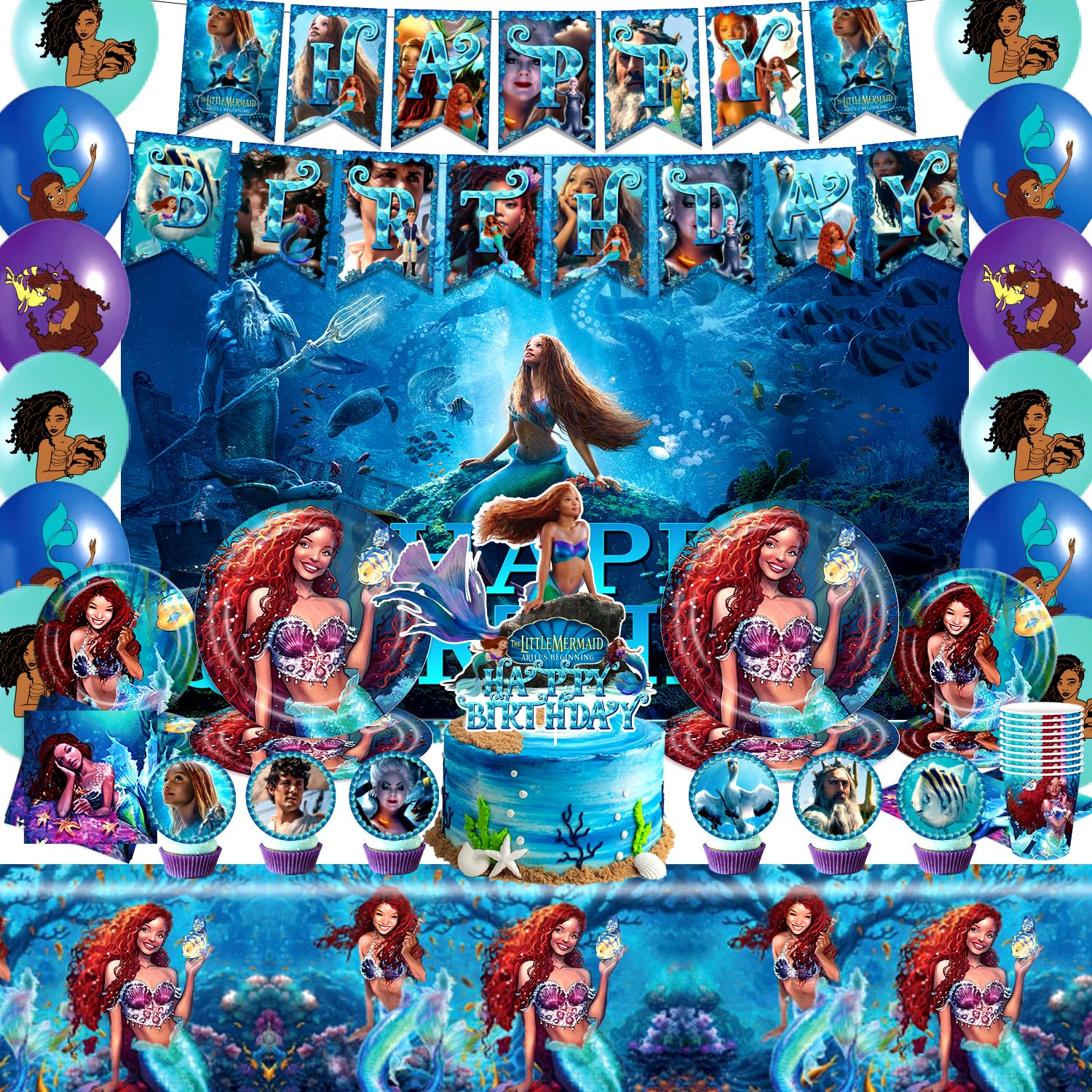 YUNKELIU Little Mermaid Party Decorations, Ariel Birthday Decorations Includes Backdrop, Happy Banner, Balloons, Tablecloth, Cake Cupcake Toppers, Tableware for Under the Sea Theme Decor