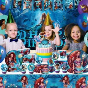 YUNKELIU Little Mermaid Party Decorations, Ariel Birthday Decorations Includes Backdrop, Happy Banner, Balloons, Tablecloth, Cake Cupcake Toppers, Tableware for Under the Sea Theme Decor