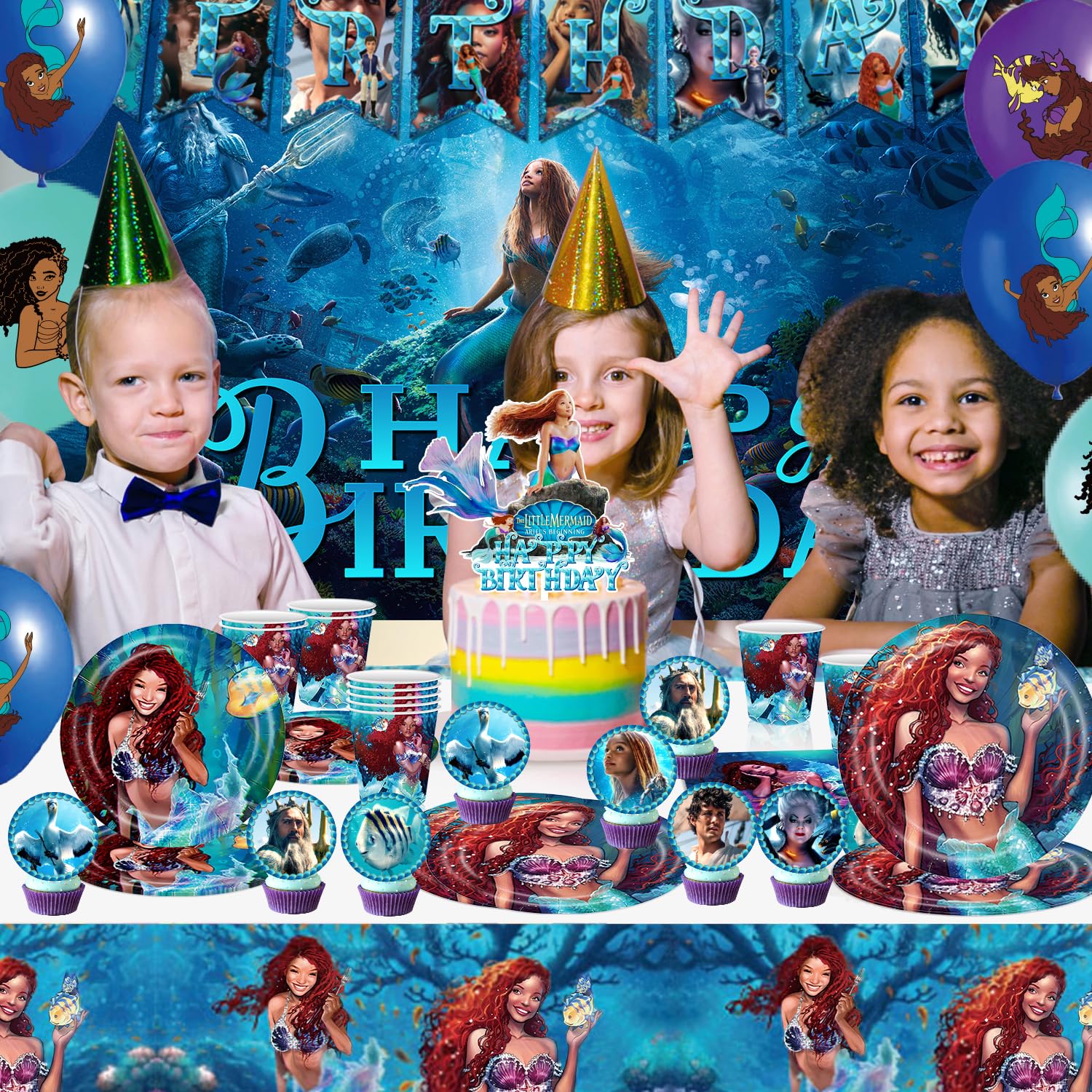 YUNKELIU Little Mermaid Party Decorations, Ariel Birthday Decorations Includes Backdrop, Happy Banner, Balloons, Tablecloth, Cake Cupcake Toppers, Tableware for Under the Sea Theme Decor