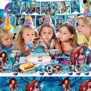 YUNKELIU Little Mermaid Party Decorations, Ariel Birthday Decorations Includes Backdrop, Happy Banner, Balloons, Tablecloth, Cake Cupcake Toppers, Tableware for Under the Sea Theme Decor