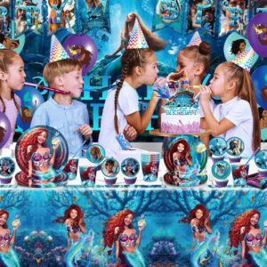 YUNKELIU Little Mermaid Party Decorations, Ariel Birthday Decorations Includes Backdrop, Happy Banner, Balloons, Tablecloth, Cake Cupcake Toppers, Tableware for Under the Sea Theme Decor