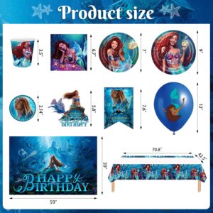 YUNKELIU Little Mermaid Party Decorations, Ariel Birthday Decorations Includes Backdrop, Happy Banner, Balloons, Tablecloth, Cake Cupcake Toppers, Tableware for Under the Sea Theme Decor