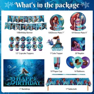 YUNKELIU Little Mermaid Party Decorations, Ariel Birthday Decorations Includes Backdrop, Happy Banner, Balloons, Tablecloth, Cake Cupcake Toppers, Tableware for Under the Sea Theme Decor