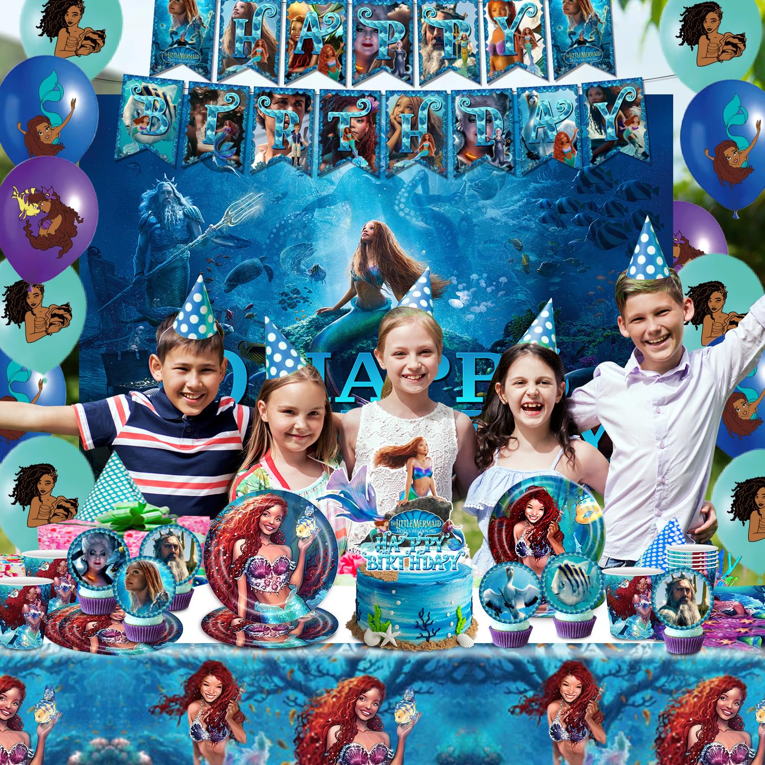 YUNKELIU Little Mermaid Party Decorations, Ariel Birthday Decorations Includes Backdrop, Happy Banner, Balloons, Tablecloth, Cake Cupcake Toppers, Tableware for Under the Sea Theme Decor