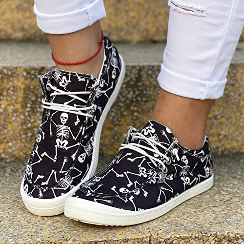 Women's Casual Loafers Halloween Themed Skeleton Pumpkin Printed Comfort Fashion Lace Up Sneakers Flat Walking Shoes B-Black