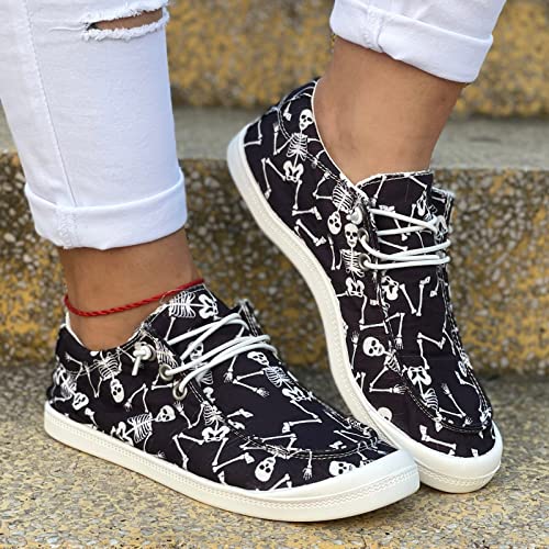 Women's Casual Loafers Halloween Themed Skeleton Pumpkin Printed Comfort Fashion Lace Up Sneakers Flat Walking Shoes B-Black