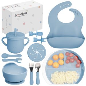 vivalada silicone baby feeding set, 12pcs baby led weaning supplies, baby suction plate with lid and bowl set, baby self feeding spoons forks sippy cup and bib, baby eating set 6+ months (blue)