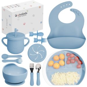 Vivalada Silicone Baby Feeding Set, 12PCS Baby Led Weaning Supplies, Baby Suction Plate with Lid and Bowl Set, Baby Self Feeding Spoons Forks Sippy Cup and Bib, Baby Eating Set 6+ Months (Blue)