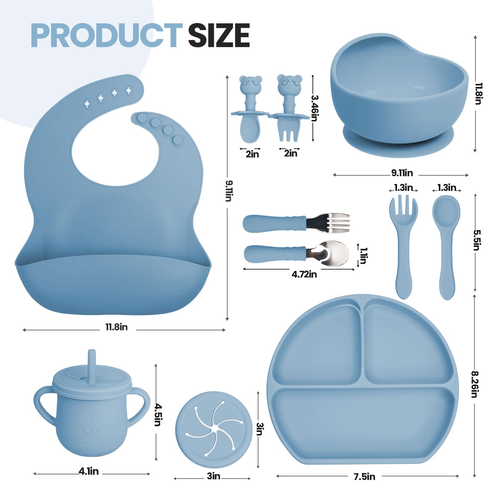 Vivalada Silicone Baby Feeding Set, 12PCS Baby Led Weaning Supplies, Baby Suction Plate with Lid and Bowl Set, Baby Self Feeding Spoons Forks Sippy Cup and Bib, Baby Eating Set 6+ Months (Blue)