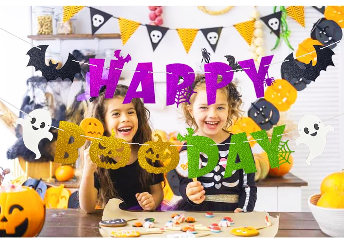 Happy Boo Day Banner Halloween Ghost Pumpkin Bat Theme decoration, colorful Happy booday Sign for Kids Boy Girl Birthday Halloween Festival Holiday Party Decorations