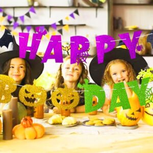 Happy Boo Day Banner Halloween Ghost Pumpkin Bat Theme decoration, colorful Happy booday Sign for Kids Boy Girl Birthday Halloween Festival Holiday Party Decorations