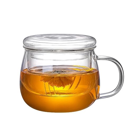 Hantran Tea Infuser Cups with Strainer and Lid, 13 ounce Heat Resistance Borosilicate Glass Teacups for Blooming Tea & Loose Leaf Tea, Microwave & Dishwasher Safe - For Tea Lovers