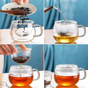 Hantran Tea Infuser Cups with Strainer and Lid, 13 ounce Heat Resistance Borosilicate Glass Teacups for Blooming Tea & Loose Leaf Tea, Microwave & Dishwasher Safe - For Tea Lovers