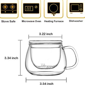 Hantran Tea Infuser Cups with Strainer and Lid, 13 ounce Heat Resistance Borosilicate Glass Teacups for Blooming Tea & Loose Leaf Tea, Microwave & Dishwasher Safe - For Tea Lovers