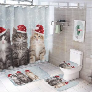 gemgam cat winter shower curtain with bathroom sets and rugs 4pcs decor cute kitten xmas shower curtain sets with non-slip rug toilet lid cover u-shaped mat with hooks 72"x72"