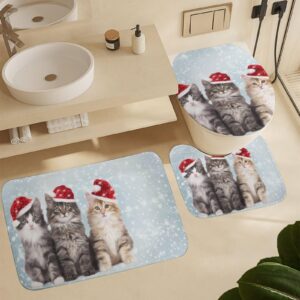 GemGam Cat Winter Shower Curtain with Bathroom Sets and Rugs 4PCS Decor Cute Kitten Xmas Shower Curtain Sets with Non-Slip Rug Toilet Lid Cover U-Shaped Mat with Hooks 72"x72"